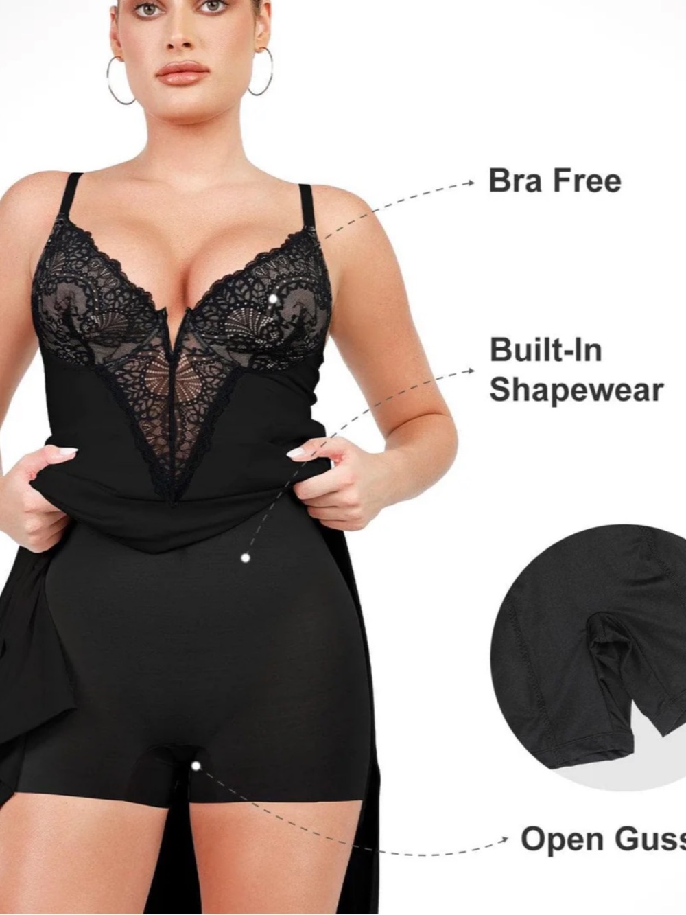 Black Lace-Trim Maxi Slip Dress with Side Slit - Picture 2 of 3